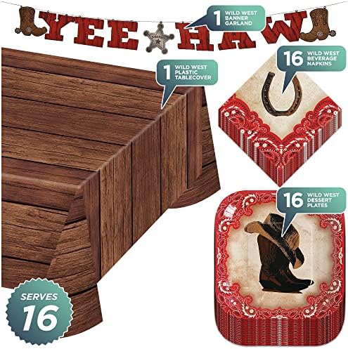 Western Wild West Party Pack - Placas de sobremesa, guardanapos, tampa da mesa e guirlanda Yeehaw pendurado