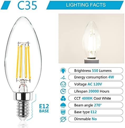 Ascher E12 Candelabra lâmpadas lideradas por 60 watts equivalente, 550 lúmen, 4000k White Cool, lâmpadas de vela de filamento de LED