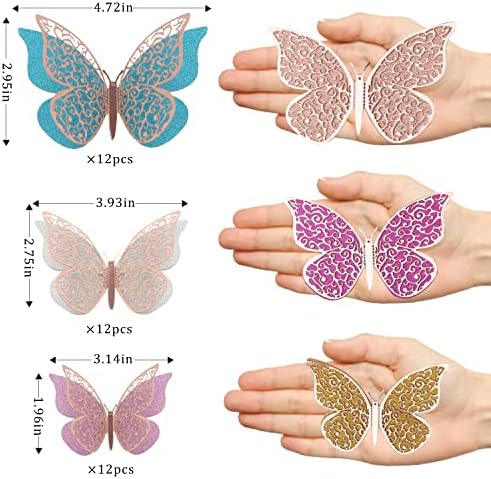 LOMIMOS 36PCS 3D Decoração de parede de borboleta de ouro rosa, 3 -MIZES, adesivo de bolo de parede Decalque para sala de aula de sala de aula DIY