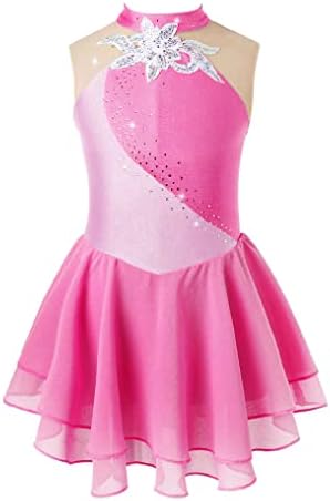 Oyolan Girls Shiny Sparkling Figura sem mangas vestido de patinação gelo vestido de dança lírica ginástica collant rosa 12 anos