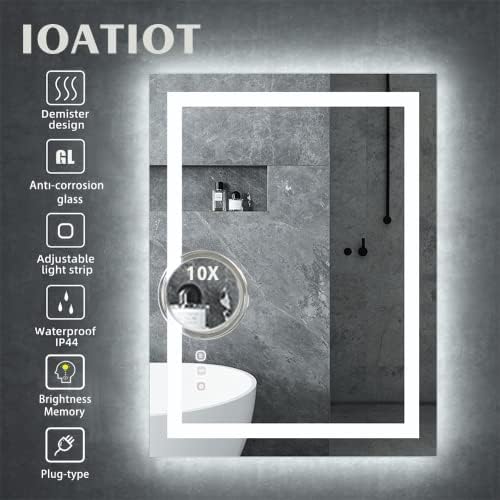 Espelho LED Ioatiot para banheiro, 36 × 24 LitLit + espelho montado na parede iluminado com iluminação iluminada, 3 cores, anti-capa, escuridão escandalosa, à prova de água, memória, interruptor de toque com espelho de vaidade de 10x de ampliação