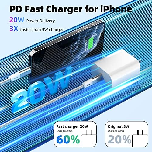 IPhone Fast Charger, MFI Certificado 2 pacote de 20w PD USB-C Carregador de parede e 6 ft USB C para Lightning Cable Iphone Carregador