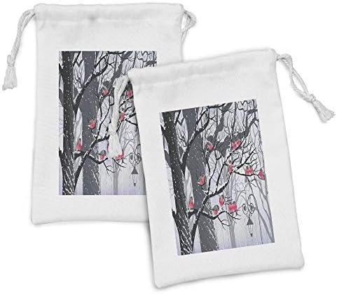 Conjunto de bolsas de tecido de inverno de Ambesonne de 2, bullfinches nas árvores Winter City Park Snow Weath Clima Cold Birds Design,