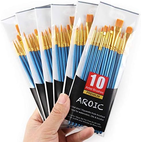 Conjunto de pincel de tinta acrílico, 6 pacotes / 60 PCs Bruia de cabelo de nylon para todos os objetivos Pintura aquarela