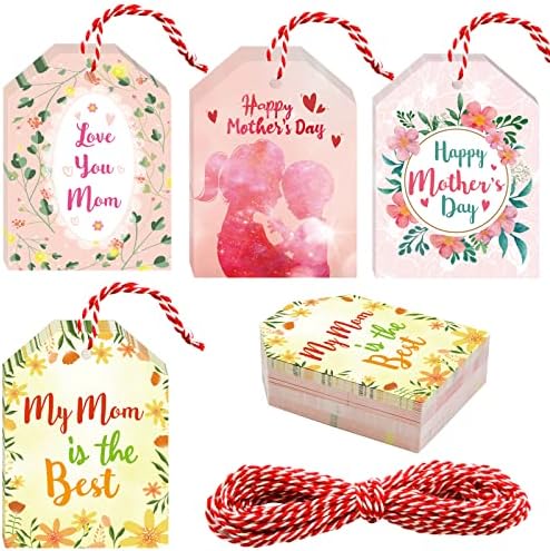 Tags de presente do Dia das Mães Feliz Dia das Mães de embrulho de embrulho 60pcs com strings de 33 pés