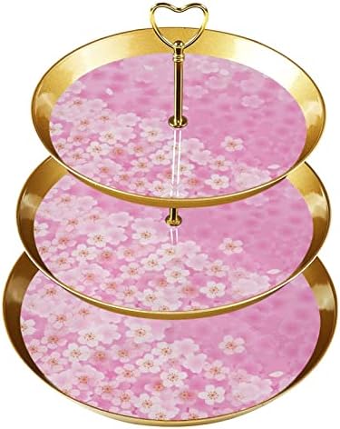 Dragonbtu 3 Cupcake Stand com Rod Gold Rod Plástico Sobremesa Torre Bandeja Spring Sakura Floral