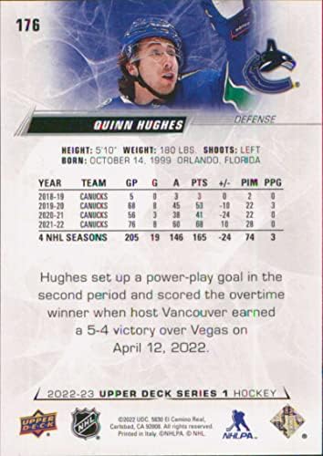 2022-23 Deck superior #176 Quinn Hughes Vancouver Canucks Série 1 NHL Hockey Trading Card