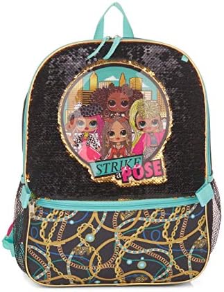 LOL. Surpreenda a mochila de 5 peças para meninas, O.M.G. Pincel com brilho de lantejoulas 16 bolsa escolar, preto e ouro