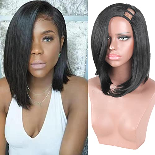 AIsaide Lado U Parte Bob perucas curtas perucas retas para mulheres negras Cabelo brasileiro de 12 polegadas Brazão Bob Synthetic