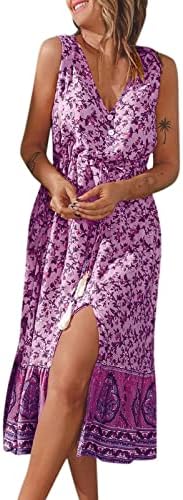 Vestidos de verão FARTARN para adolescentes, verão feminino Boho Fashion Casual Floral Print V Vestido de cintura sem mangas da bainha