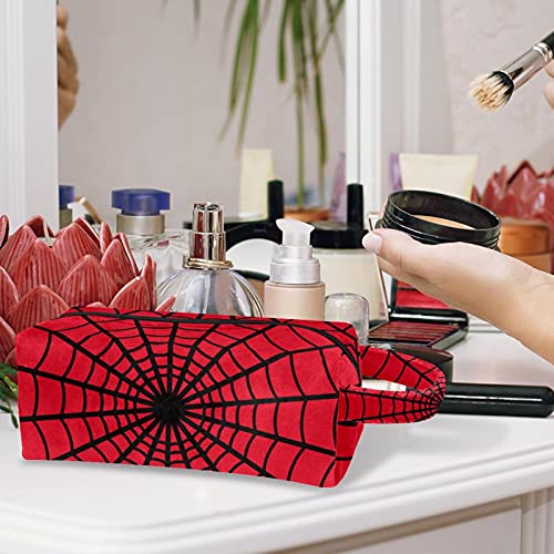 Saco de maquiagem Bolsa de cosméticos Bolsa vermelha com aranha Bolsa organizadora de bolsas de higiene da web preta com zíper e alça