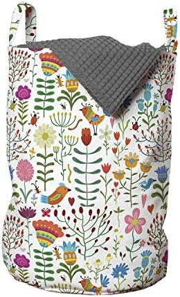 Bolsa de lavanderia floral de Ambesonne, design de habitat da floresta doodle com flores de flores de flores e joaninhas estamadas, cesto de cesto com alças fechamento de cordão para lavanderias, 13 x 19, multicolor