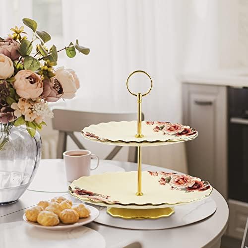 Fanquare 2 camada de porcelana vintage Stand, suporte de chá alto branco com acabamento dourado, sobremesa floral para festa