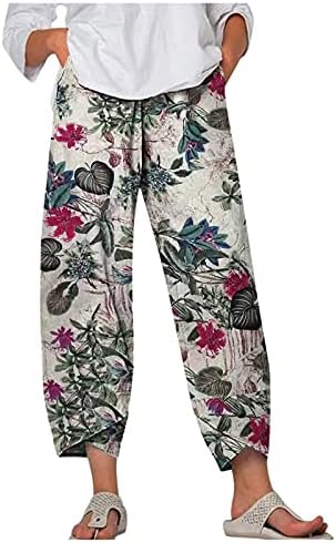 Calça de verão de iopqo para mulheres casuais solto boho linho de linho largo calças de perna larga calça elástica de cintura