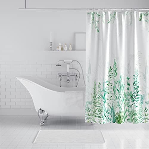 Ymarisisiy verde planta folhas cortina de chuveiro, cortina de chuveiro de tecido verde e branco com 12 ganchos, folha de aquarela