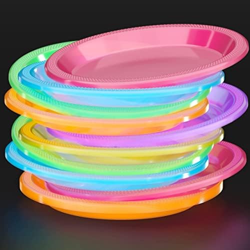 Placas de festa de brilho da luz preta requintada - Placas de 60 partidas - Tamanho: 9 polegadas. - Cores variadas - Material seguro para alimentos - Blacklight Reactive Neon Placas - Placas de plástico descartáveis ​​para festas de aniversário