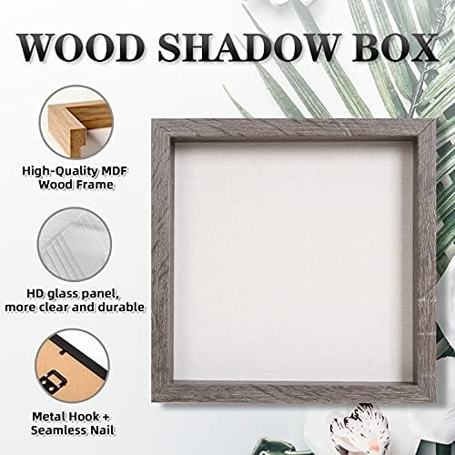 Muzilife 10x10 Shadow Box Picture Frame com tábua de linho Vidro de madeira profunda Exibição de vidro pronta para pendurar