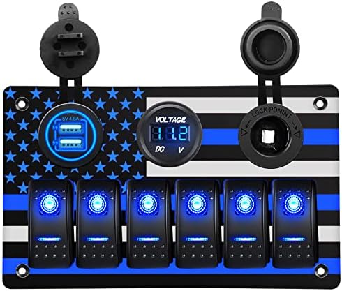 Painel de troca de balanço de alumínio AMOMD com padrão de bandeira americana com interruptor de 6 gangues liga/desliga e 5V/4.8A USB duplo e soquete de liga leve e voltímetro digital