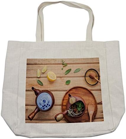 Bolsa de compras de festa de chá de Ambesonne, panela de chá de ervas com ervas frescas Sage Peppermint e limão em tábuas