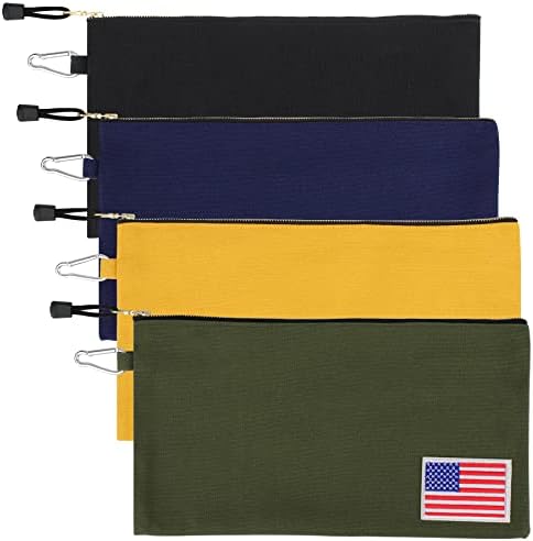 Bolsa de ferramentas de lona de fenkoa com brass ykk zipper bolsa bolsa utilidade saco de serviço pesado, 12,5 x 7 polegadas, oliva/azul marinho/preto/amarelo 4-pacote