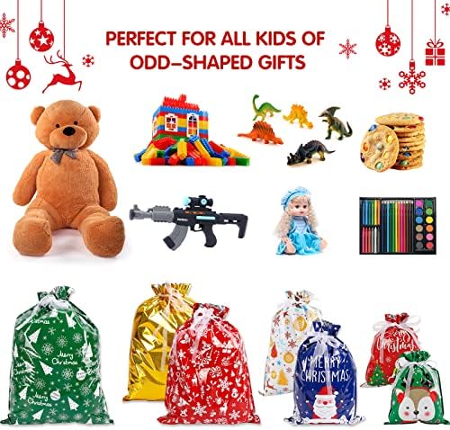 Superlele Sacos de presentes de cordão de natal 32pcs tamanhos variados sacos de Natal sacos de sacos de sacos de sacos de sacos de sacos de santa em 4 tamanhos e 7 designs para férias de férias de natal favor