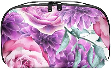 Bolsa de maquiagem, bolsa de cosméticos, organizador de bolsa de maquiagem à prova d'água, Dahlia Rose Purple Rosa Floral Flor Vintage