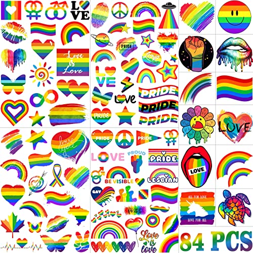 Fanrui 84+ PCs LGBT Tatuagens temporárias do orgulho gay para homens adultos, tatuagens temporárias de arco -íris, crianças de tatuagens de tatuagens de tatuagens, arte da festa do arco -íris, acessórios para acessórios do orgulho do arco -íris festas de celebrações festas