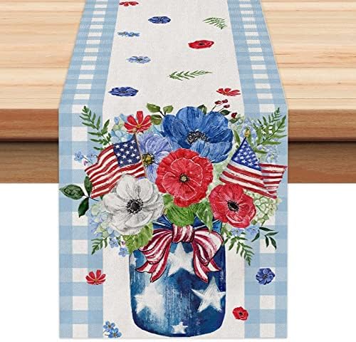 Arkeny 4 de julho Patriótico Table Runner 72 polegadas Azul Floral Mason Jar American Independence Day Holida Home