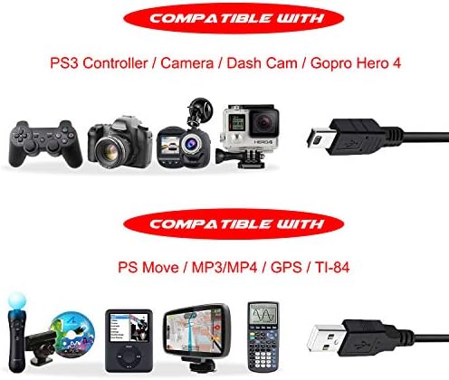 Cabo de carregamento de controlador PS3 de 10 pés de 10 pés, anel magnético Mini Cordão de carregamento de dados USB para Sony PlayStation 3/ ps3 Slim/ PS Move Controllers GoPro, HD, Dash Cam, Mp3 player câmeras digitais, Ti-84 Plus CE etc.