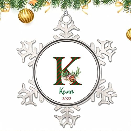 Pewter Snowflake Ornamentos de Natal Carta de listra verde e vermelha Nome personalizado Decorações de Natal Ornamentos