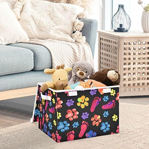 Innwgogo Paw Print Trails Bins de armazenamento com tampas para organizar a cesta de armazenamento com alças Oxford Ploth Storage Cube Box for Pets Toys