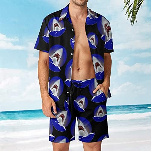 Great White Shark Men 2 peças Roupas de praia Button Hawaiian Down Down Manga Short e ternos de shorts