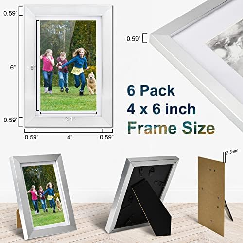 BEYAHELA Silver 4x6 Picture Frame Conjunto de 6, 4x6 Frame Display 3x5 com MAT ou 4x6 sem tape