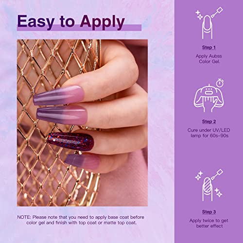 Aubss Glitter Gel Achaness Conjunto de 6 cores, cor de cor para gato roxo olho magnético brilho roxo brilho roxo cor alteração em gel de gel de gato de gato de gato em gel de unha manicure diy salão home home