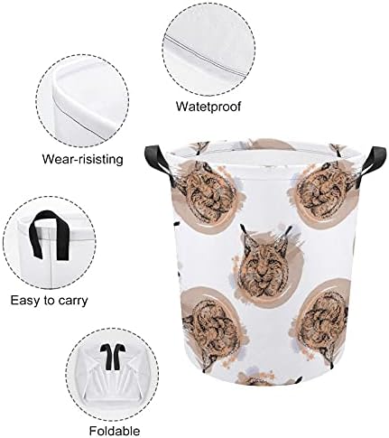 Bolsa de lavanderia de lince selvagem com alças cesto de armazenamento à prova d'água redonda de 16,5 x 17,3 polegadas