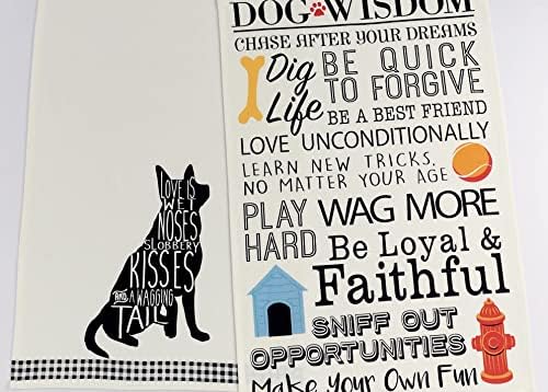 Dog Love & Wisdom Toalhas de cozinha, conjunto de 2 toucas de pratos com frases engraçadas e amorosas para famílias de pais para cães,
