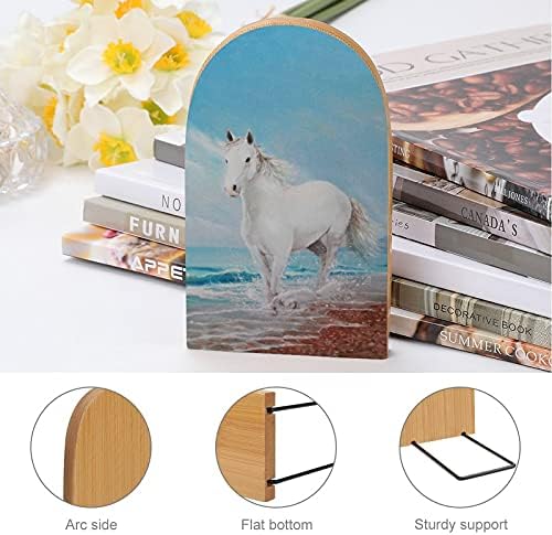 Cavalo branco na praia Bookshelf-linenc-Wooden Bookend Desk Office Acessórios