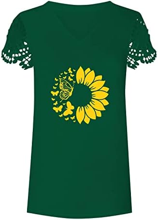 Camisetas gráficas de verão feminina camisetas estampas de girassol renda de manga curta V blusas pesco