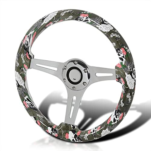 Spec-D Tuning 350mm Sport Racing Wood Exército Verde Crânio e Roses Volta de direção Deep Dish 13.75