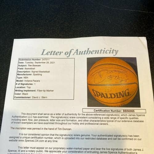 Tim Duncan assinou o jogo Spalding NBA Basketball com JSA COA - Basquete autografado