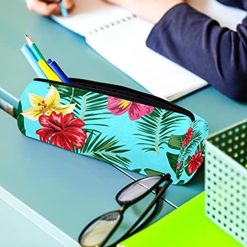 Flores nas folhas tropicais Case a lápis Estudante papelaria bolsa zíper bolsa de maquiagem de maquiagem Bolsa de cosméticos para