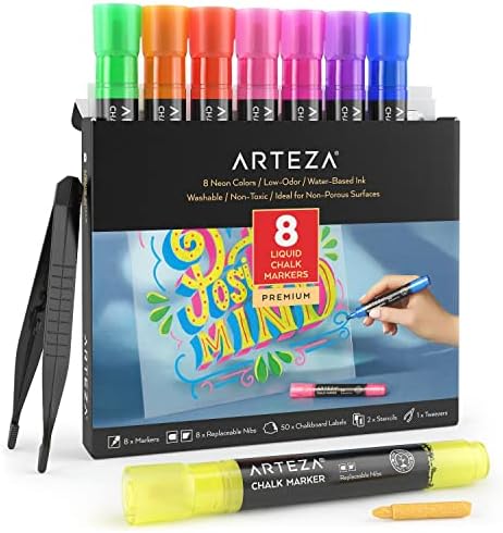 Marcadores de giz líquido Arteza, 8 cores de neon, canetas laváveis ​​do quadro, 8 pontas substituíveis, 1 pinça, 50