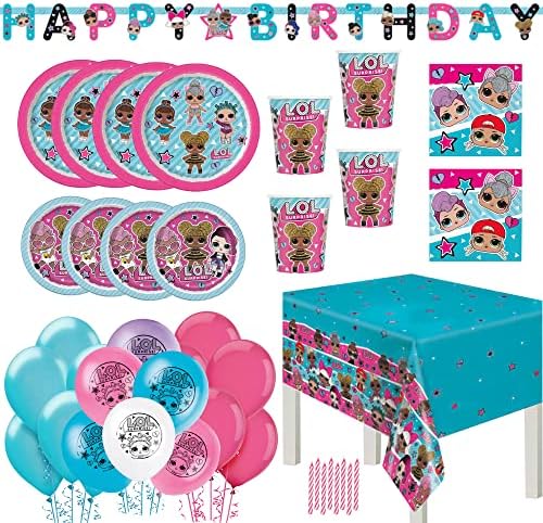 Pacote de festas e decoração de festa de aniversário surpresa LOL para 16: pratos, guardanapos, xícaras, pratos, banner, tampa da mesa, vela e balões