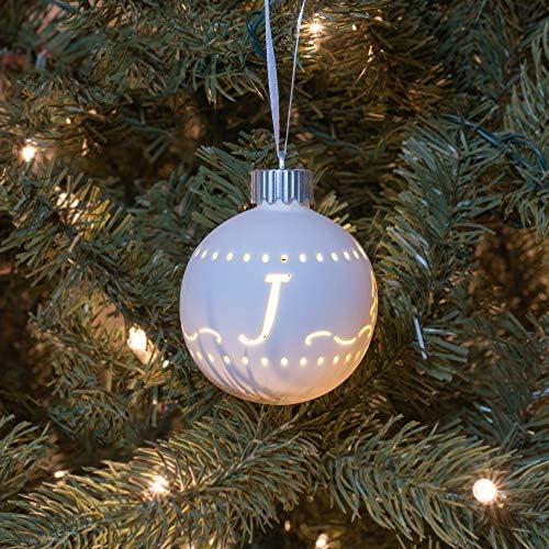 Mark Feldstein & Associates J LED Monogram Bisque White Bisque 4 x 4 Porcelana Cerâmica decorativa Ornamento de Natal