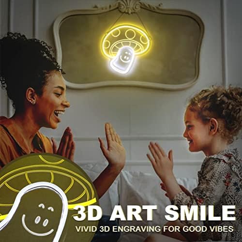 Neonlg Smile fofo Mushroom Néon Sinal, Dimmable 3D Art Art Face Luzes LED para crianças meninos adolescentes, Decoração engraçada de banheiro da sala de estar da sala de estar, alimentado por USB, amarelo, pequeno amarelo