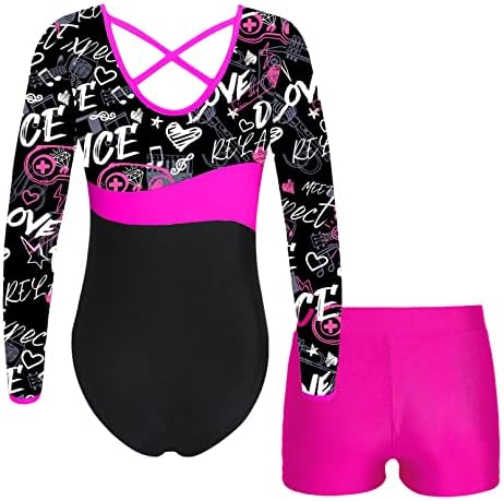 Moily Kids Girls 2 Pcs Ginástica Roupa de manga longa x Tanque traseiro Leotard com shorts Dance Biktard