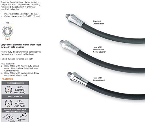 Mangueira de pistola de graxa pesada prolube de 12 polegadas com guarda de primavera | Tópico NPT de 1/8 ”| Para uso com armas de