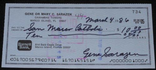 O vencedor do Masters Hof Gene Sarazen assinou verificação pessoal autografada S13