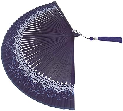 Huai Chao Bamboo Fã de Mão dobrável para mulheres 8,7 polegadas Holdhed Handheld floral fã de seda com borlas Blue
