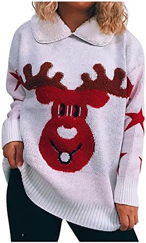 Chapéu de moda do suéter de Natal feminino férias de suéter de desenho animado doce no pescoço redondo